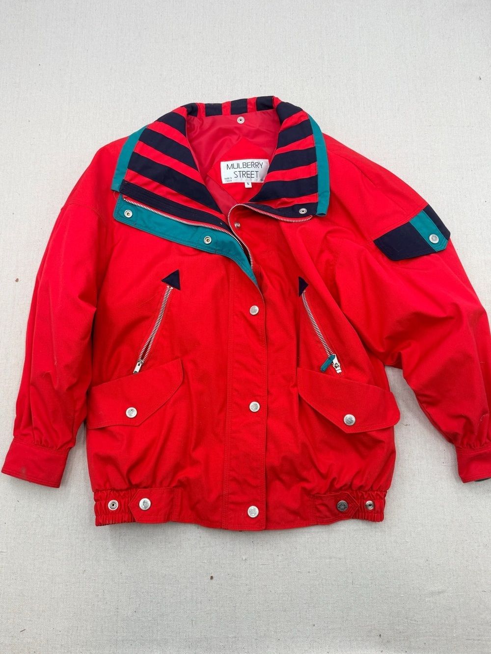 Vintage Mulberry Street Red Windbreaker Jacket with Teal Trim